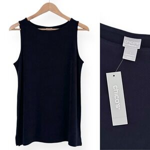 Chico's Travelers Women's Medium Size 1 Navy Blue Side Slit Bateau Tank Top NWT
